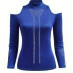 Rhinestone Butterfly Print Mock Neck T-Shirt, Casual Cold Shoulder Long Sleeve Top For Spring & Fall, Women'S Clothing