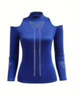 Rhinestone Butterfly Print Mock Neck T-Shirt, Casual Cold Shoulder Long Sleeve Top For Spring & Fall, Women'S Clothing