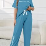 Plus Size Women'S Cute Pajama Set, Plus Size Letter Print Short Sleeve Top And Pants Casual 2Pcs, Plus Size Pajama Sets
