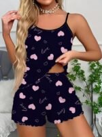 1 Set Women'S Sexy Polyester Pajama Set, Love Heart Print Spaghetti Strap Shorts, Knit Fabric Sleepwear For All Seasons, Adult Lounge Set - Image 8