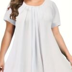 Elegant Crew Neck Ruched Bust Slight Stretch Knit Fabric Pullovers Polyester Casual Tops For Women, Plus Siz