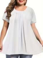 Elegant Crew Neck Ruched Bust Slight Stretch Knit Fabric Pullovers Polyester Casual Tops For Women, Plus Siz