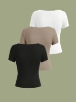 3Pcs Women'S Casual Square Neck Short Sleeve T-Shirts - High Elasticity Solid Color Tops, Machine Washable & Versatile For Casual Attire, All-Season Comfort - Image 2