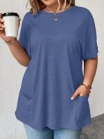 Plus Size Women'S Casual Short Sleeve T-Shirt - Vibrant Purple Solid Color With Side Pockets, Relaxed Fit Round Neck, Medium Stretch Machine Washable Fabric For Spring/Summer Casual Attire, Ladies T Shirts, Versatile Clothing, Mediumstretch Material - Image 6
