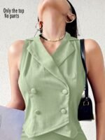 Women'S Summer Casual Solid Color Double-Breasted Vest Top, Comfortable And Elegant (Pants Not Included) - Image 2