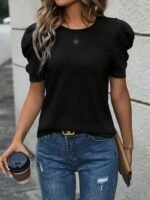 Elegant Gray Crew Neck Short Sleeve Top For Women - Soft Polyester Blend, Casual & Comfortable Fit, Perfect For Casual Attire, Casual Casual Attire|Elegant Crew Neck|Smooth Texture Fabric - Image 2
