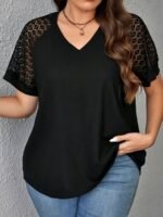 Plus Size, Plus Size Spring-Summer New Elegant Contrast Lace Splicing T-Shirt For Women Short Sleeve - Image 4