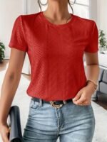 Eyelet Crew Neck T-Shirt, Casual Short Sleeve Top For Spring & Summer, Women'S Clothing - Image 2