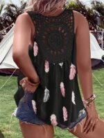 Elegant V-Neck Sleeveless Vest, Woven Non-Stretch Fabric, Pattern, With Contrasting Lace Details, For Women, With Voluminous Floral And Ruffles - Image 4