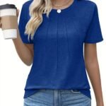 Women'S Casual Summer T-Shirt - Solid Color, Round Neck, Short Sleeve, Comfortable Loose Fit, Dark Blue, Polyester Blend, Machine Washable, Casual Summer Wear | Round Neck Tshirt | Texture
