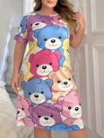 Women'S Cute Cartoon Bear Print Sleep Dress - Soft Short Sleeve Round Neck Nightgown, Machine Washable All-Season Lounge Dress For Adults, Ladies Sleepwear, Cozy Nightgown, Whimsical Nightwear, Comfortable Material, Casual Nightwear, Adult Nightgown - Image 2