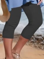 Women'S Plus Size High-Waisted Capri Leggings - Stretchy, Comfortable, Non-See-Through, Solid Black, Perfect For Spring/Summer/Fall, Machine Washable, High Waisted Leggings, Casual Wear, Versatile Fashion, Stretchy Fabric - Image 3
