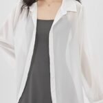 Chiffon Button Front Semi-Sheer Blouse, Sexy Short Sleeve Top For Spring & Summer, Women'S Clothing