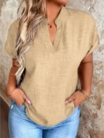 Women'S Casual V-Neck Blouse With Small Stand-Up Collar - Vibrant Yellow Solid Color, Regular Fit, Machine Washable, Versatile For Spring Summer Fall, Seasonal Fashion Top, Sophisticated Casualwear, Lightweight Fabric, Everyday Top, Classic Style, Breathable Material, Stylish Top, Office Casual - Image 9