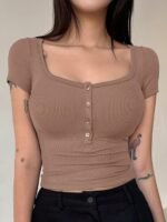 Women'S Elegant Ribbed Crop Top With Button Front - Pink, Short Sleeve, Button-Up Shirt For Spring/Summer, Polyester Blend, Machine Washable, Spring Fashion Tee | Buttonup Shirt | Texture - Image 9