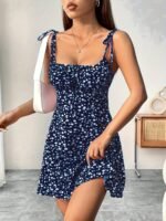 Elegant Floral Print Stretch Waist Cami Dress - Sleeveless Ruffled Hem Midi Dress For Women, Yellow & Pink Floral Pattern, Perfect For Casual Outings - Image 5