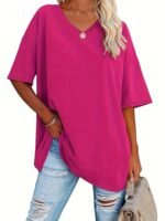 Women'S Loose-Fit V-Neck Half-Sleeve Blouse - Soft Stretch, Solid Color, Spring/Summer Casual & Formal Wear, Elegant & Breathable, Transitional Weather Clothing, Middle Eastern Style, Comfortable Fit, Stretchy Fabric Top - Image 4