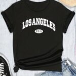 Women'S Casual Los Angeles Alphabet Print T-Shirt, Short Sleeve Crew Neck, Summer Knit Polyester Top With 5% Elastane, Regular Length - Black