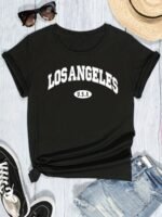 Women'S Casual Los Angeles Alphabet Print T-Shirt, Short Sleeve Crew Neck, Summer Knit Polyester Top With 5% Elastane, Regular Length - Black