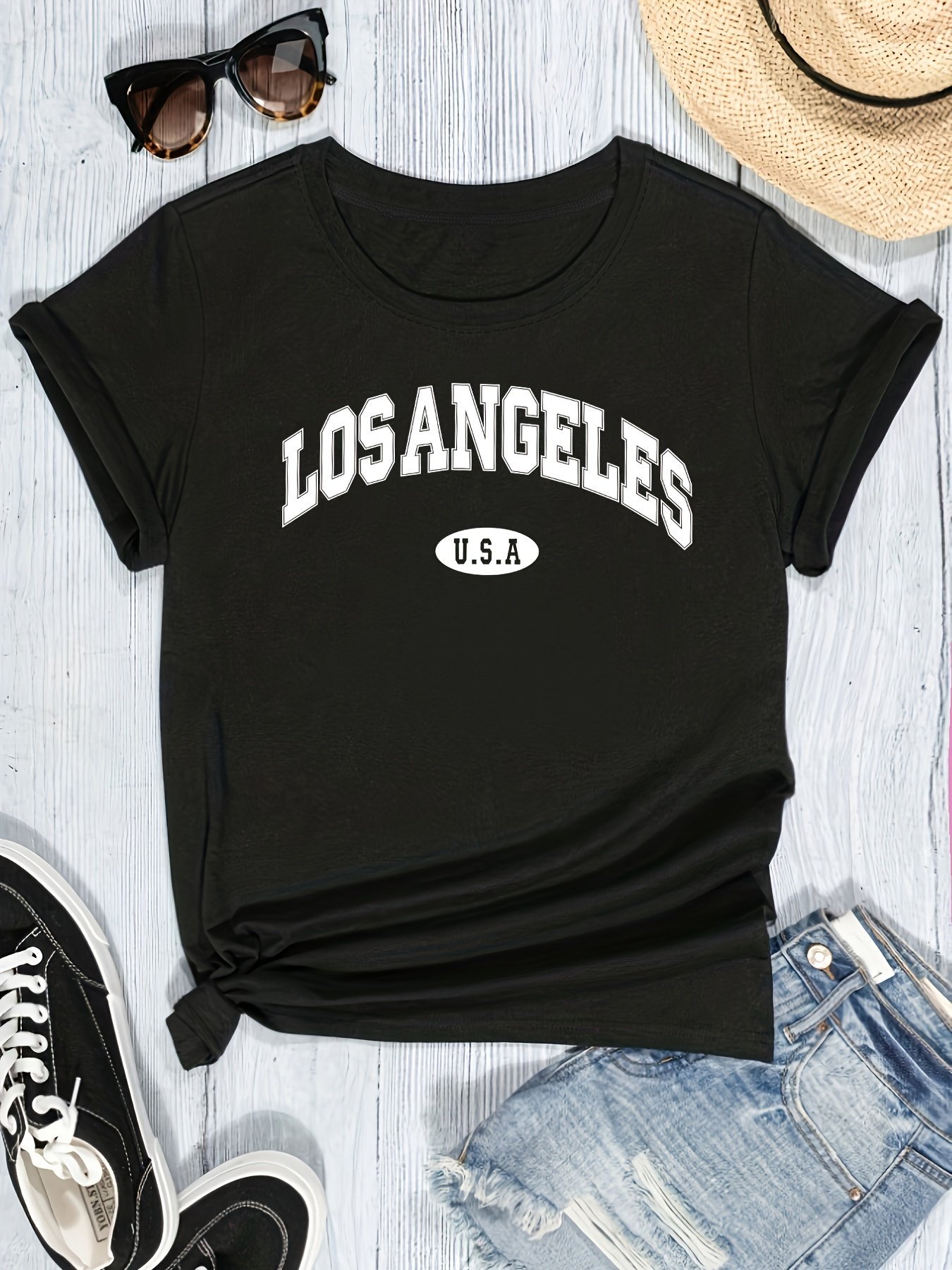 product-fancy-42fd5e86-9dd8-4c14-9b0e-26e02a22a200.jpg Women'S Casual Los Angeles Alphabet Print T-Shirt, Short Sleeve Crew Neck, Summer Knit Polyester Top With 5% Elastane, Regular Length - Black - Image 1