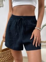 Women'S Casual Solid Color Navy Blue Knot Waist Shorts - Elastic Waistband, Drawstring Tie, Lightweight Fabric, Perfect For Spring/Summer/Fall, Beachwear Essentials, Knotted Waiststyle, No Stretch Material - Image 5