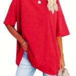 Women'S Plus Size Casual Short Sleeve T-Shirt - Vibrant Red Round Neck Loose Fit Tee, Machine Washable All-Season Comfort Top For Casual Attire, Ladies T Shirts, Soft Fabric Tee