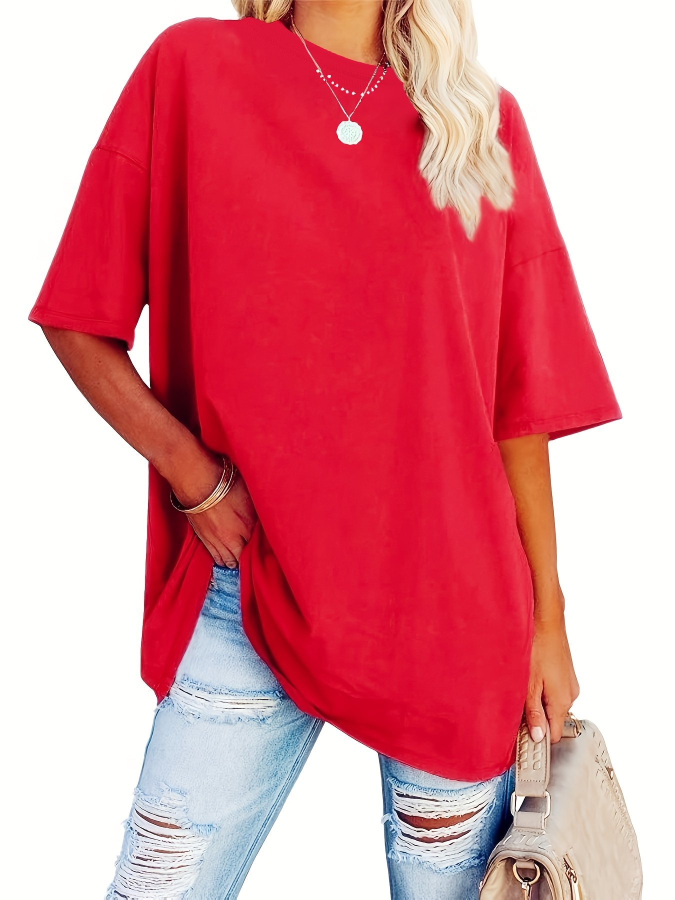 product-fancy-4343beb1-cd4e-410a-a8ec-d0117af11595.jpg Women'S Plus Size Casual Short Sleeve T-Shirt - Vibrant Red Round Neck Loose Fit Tee, Machine Washable All-Season Comfort Top For Casual Attire, Ladies T Shirts, Soft Fabric Tee - Image 1