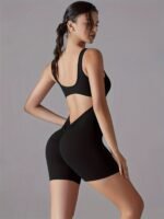 2025 New Women'S High-Waisted & Jumpsuit - Square Neck Strapless V-Back Butt-Lifting Romper With Mesh Cut-Out Design, Black Solid Color For, Fitness, And, Jumpsuit, Apparel, Mesh Detailing, Comfortable Fit - Image 10