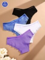 4Pcs Women'S Lingerie Briefs With Lace Trim - Sexy Ribbed Design, Solid Colors (White, Pink, Gray, Black), Soft & Comfortable Underwear For Casual Attire, Lingerie Sets, Comfortable Underwear, Elegant Underwear, Soft Fabric Underwear - Image 16