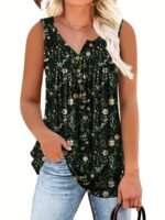 Women'S Floral Print Sleeveless Henley Neck Top - Casual Summer Tank Top, Green With White Flowers, V-Neck, Button Detail, Polyester Fabric, Perfect For Vacation Or Casual Attire, Summer Casual Wear | Vneck Top | Medium Stretch Material, Floral Print Tank To - Image 8