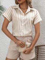 Women'S French Polo Shirt With Batwing Sleeves, Striped Print, 100% Polyester, Regular Length, Button Detail, Woven Fabric, 120G/M?, Spring/Summer/Fall Season - Image 3