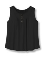 Plus Size Casual Tank Top, Women'S Plus Solid Round Neck Medium Stretch Henley Tank Top - Image 3
