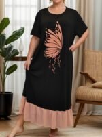 Cozy Plus Size Women'S Sleep Dress - Vintage Butterfly Print, Short Sleeve & Long Skirt Lounge Robe, Machine Washable, Autumn Winter, Home Wear - Image 9
