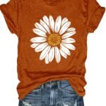 Women'S Casual Daisy Flower Print T-Shirt - Vibrant Orange With White Floral Design, Round Neck, Medium Stretch, Machine Washable, Spring/Summer Essential, Spring Fashion Tee, Relaxed Fit Tee, Mediumstretch Fabric