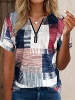 Women'S Elegant V-Neck Short Sleeve T-Shirt With Zipper Detail - High Stretch, All-Over Print, Short Sleeve Tee For Spring/Summer/Fall - Image 9