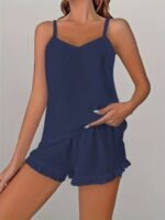 Women'S Plus Size Lace Trim Cami Pajama Set - Soft Polyester, Solid Color, Ruffled Detail, Comfortable Sleepwear For Spring/Summer/Fall, Relaxed Fit Pajamas | Ruffled Detail Clothing | Smooth Texture Fabric - Image 10