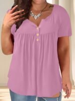 Women'S Plus Size Casual Buttoned Pleated T-Shirt, Summer Knit Fabric Top, Crew Neck, Solid Color, Slight Stretch, Oversized Pullovers, Polyester 95% Spandex 5% - Navy Blue - Image 5