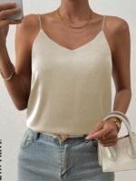 1Pc Elegant Off-Shoulder Sleeveless Blouse For Women - Chic White Satin Summer Top With Deep V-Neck, Perfect For Layering Or Standalone Outfits, Versatile Fashion | Elegant Offshoulder | Satin Finish - Image 2