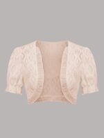 Solid Eyelet Contrast Lace Crop Cardigan, Elegant Puff Short Sleeve Open Front Top, Women'S Clothing - Image 2