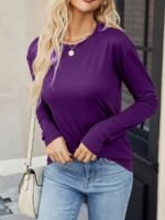 Leyou Liu Women'S Elegant Long Sleeve T-Shirt - Vibrant Purple Round Neck Top, Machine Washable Regular Fit For Autumn Winter Casual & Formal Wear, Autumn Wardrobe Essential, Sophisticated Texture, Durable Casualwear, Comfortable Fabric