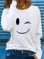 Women'S Casual Long Sleeve Crew Neck Graphic Print T-Shirt - Playful Joyful Face Design, Slim Fit, Soft Breathable Fabric For Spring & Fall, Versatile Everyday Top, Ladies T Shirts, Wink Motif Apparel, Highquality - Image 5