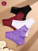 4Pcs Women'S Lingerie Briefs With Lace Trim - Sexy Ribbed Design, Solid Colors (White, Pink, Gray, Black), Soft & Comfortable Underwear For Casual Attire, Lingerie Sets, Comfortable Underwear, Elegant Underwear, Soft Fabric Underwear - Image 13