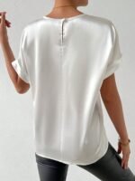 Women'S Batwing Short Sleeve Round Neck Blouse - Elegant Solid Color Non-See-Through Shirt, Machine Washable Lightweight Top For Spring Summer Fall, Versatile Casual & Formal Wear, Seasonal Fashion, Sophisticated Casual, Nonseethrough Fabric - Image 6