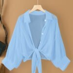 Women'S Light Blue Chiffon Open-Front Blouse With Ruffled Sleeves - Loose Fit Short Length Shirt For Casual & Vacation Wear, All-Season Lightweight Fabric, Vacation Wear Blouse | Ruffled Sleeve Top | Chiffon Fabric