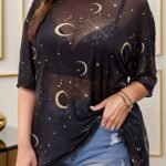 Plus Size Moon Print Top, Casual Crew Neck Short Sleeve Top, Women'S Plus Size?Clothing