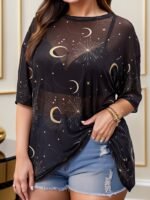 Plus Size Moon Print Top, Casual Crew Neck Short Sleeve Top, Women'S Plus Size?Clothing