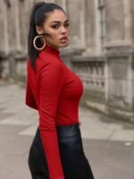 Slim Mock Neck Plain Color T-Shirt, Casual Long Sleeve Top For Spring & Fall, Women'S Clothing - Image 10