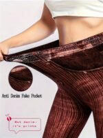Plus Size - Women'S High-Waisted Stretch Denim Print Leggings - Purple & White Striped Design, Comfortable All-Season Casual Wear, Perfect For & Casual Attire, High Waisted Leggings - Image 5