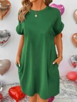 Dual Pocket Crew Neck Loose Dress, Casual Short Sleeve Dress For Spring & Summer, Women'S Clothing
