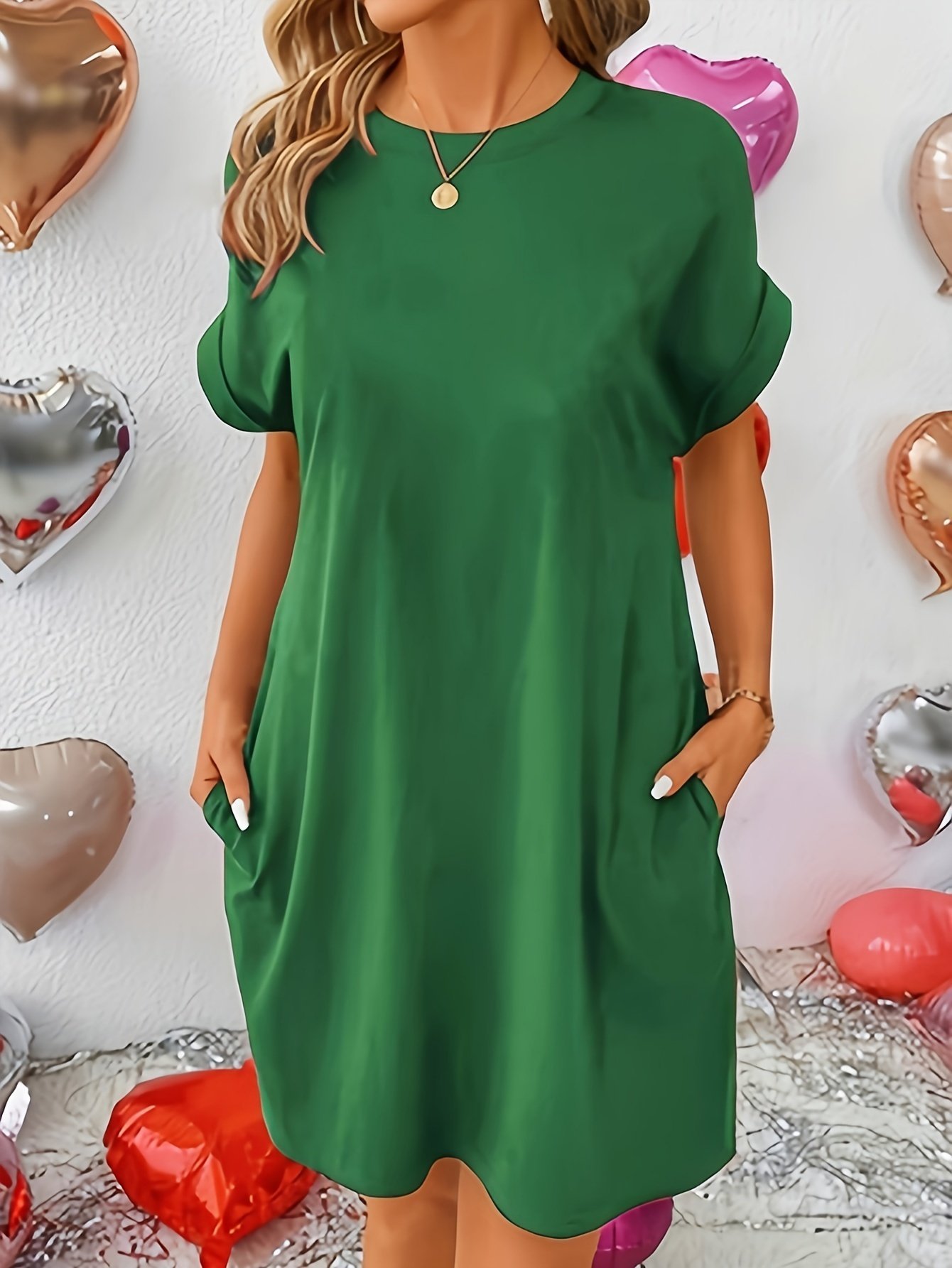 product-fancy-478594d3-4ae2-4f0f-83f3-b16659918245.jpg Dual Pocket Crew Neck Loose Dress, Casual Short Sleeve Dress For Spring & Summer, Women'S Clothing - Image 1